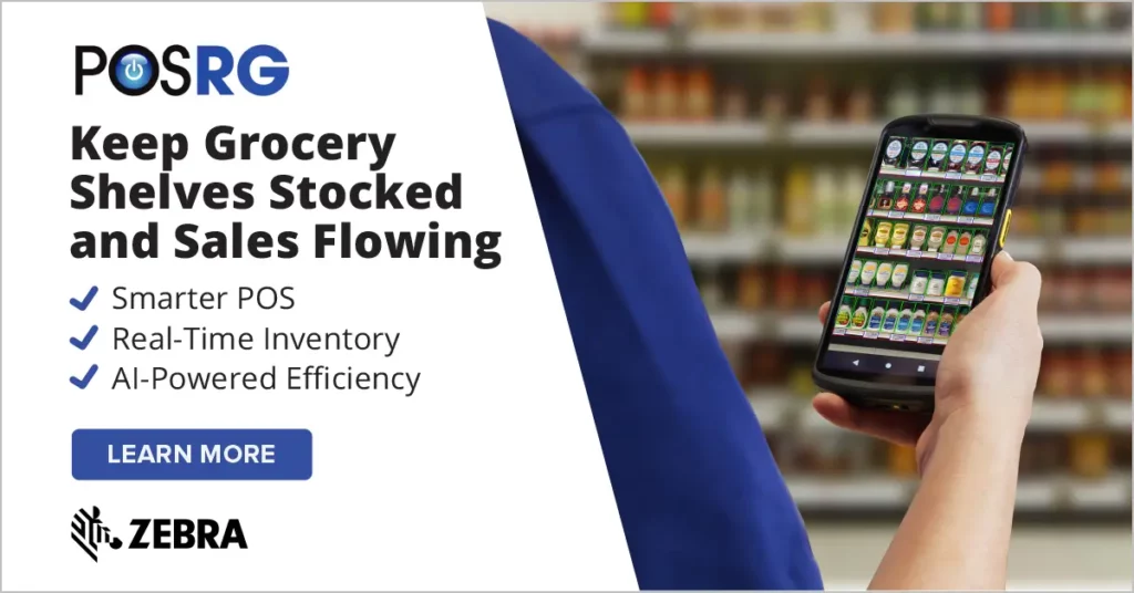 Person uses a smartphone to check grocery store inventory; text promotes POSRG services and Zebra Next-Gen Mobile Computers for smarter POS, real-time inventory, and AI-powered efficiency.