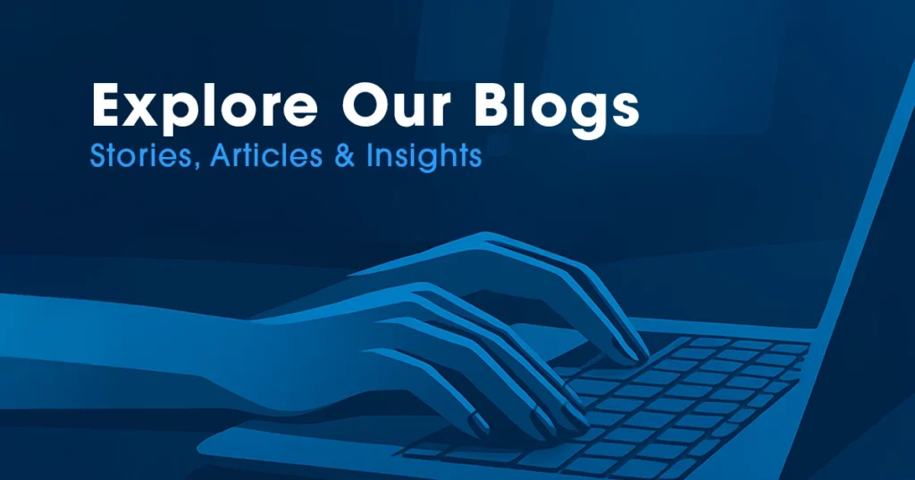 Illustrated hands typing on a laptop keyboard against a blue, abstract background with the headline “Explore Our Blogs” and subheading “Stories, Articles & Insights,” focused on Point of Sale hardware and solutions.