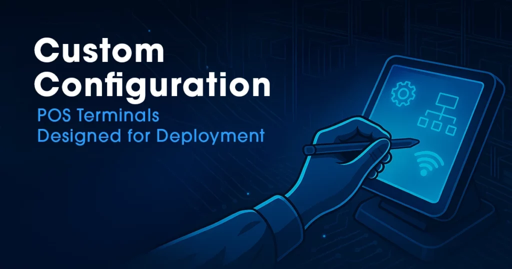 Illustrated hand configuring a point-of-sale touchscreen with icons for settings, network connectivity, and system layout, alongside the headline “Custom Configuration” and subheading “POS Terminals Designed for Deployment” on a blue, technology-themed background.