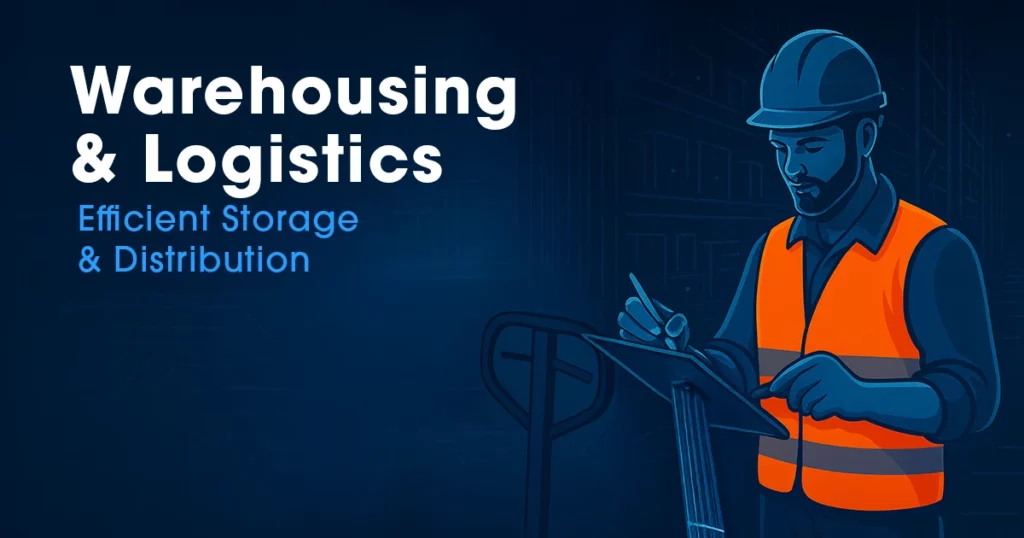 Illustrated warehouse worker wearing a safety vest and hard hat, using a tablet to manage inventory and logistics operations, with the headline “Warehousing & Logistics” and supporting text “Efficient Storage & Distribution” on a blue, technology-themed background.